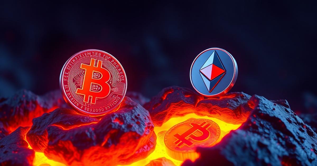 Bitcoin and Ethereum tokens on volcanic rock — crypto trading explained